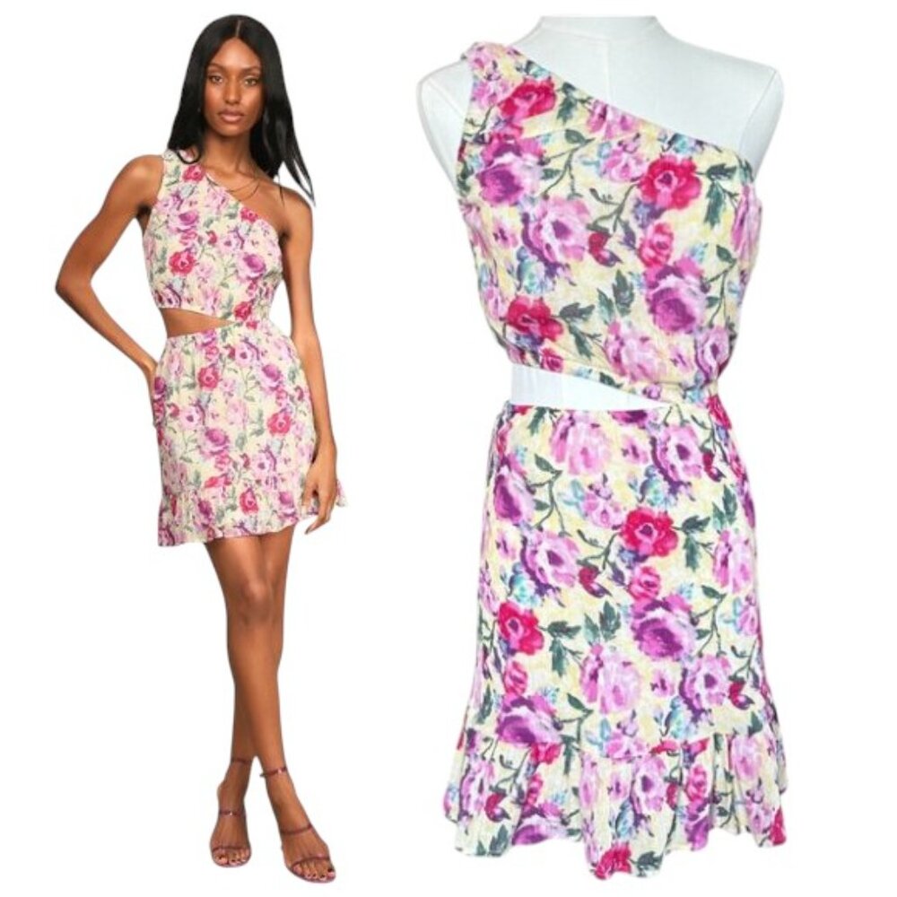 Lulu's Floral One-Shoulder Mini Dress - Pink and Purple